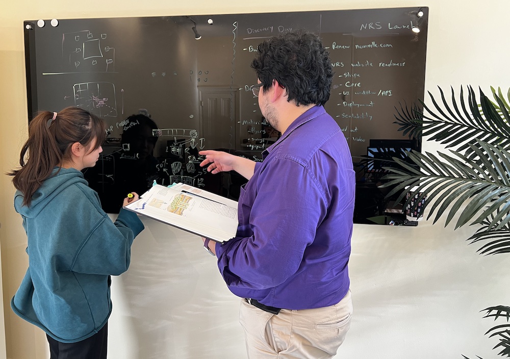 Neuraville employee using a blackboard to discuss plans
